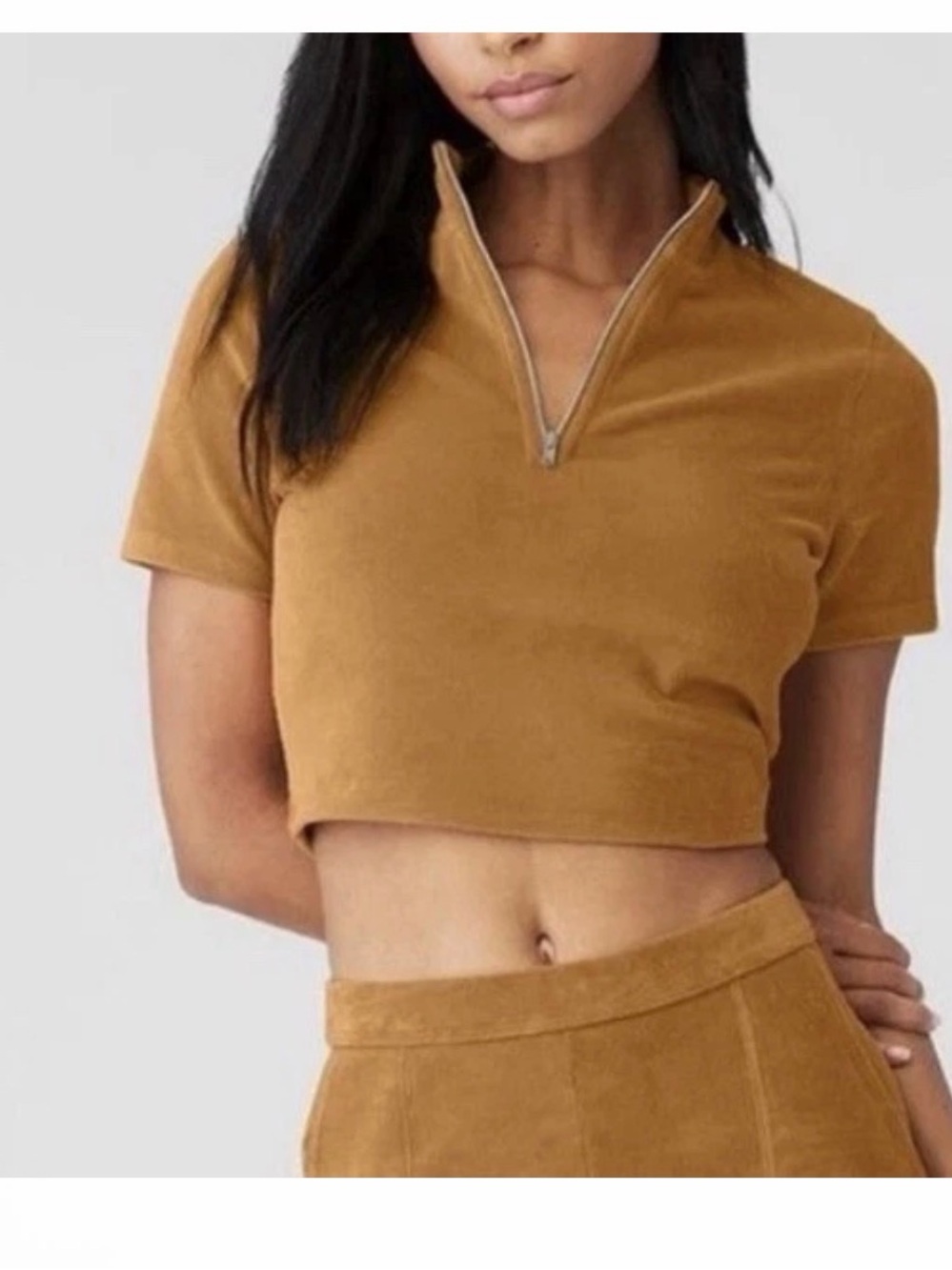 Women's Cropped Short Sleeve Zip Top in Tan